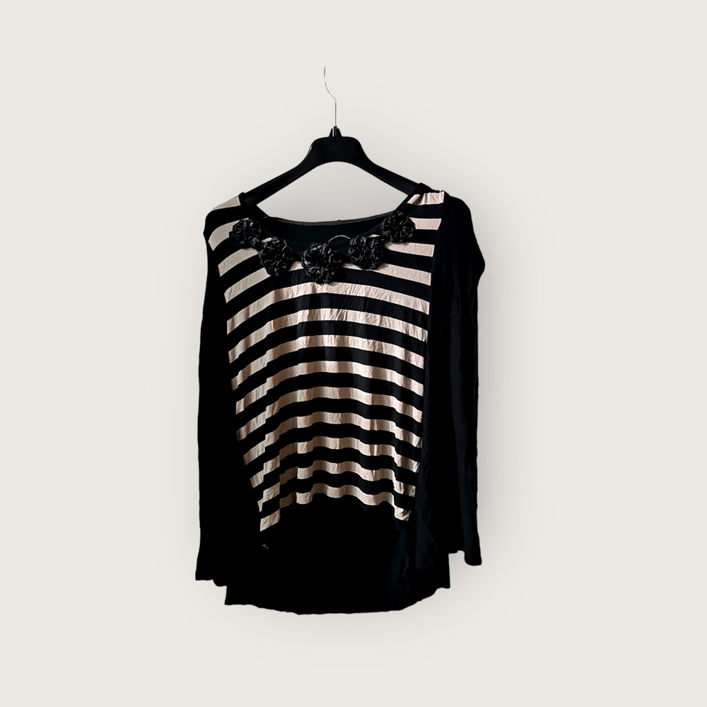 International Concepts Cream/Black Striped Blouse With Embroidered Flowers